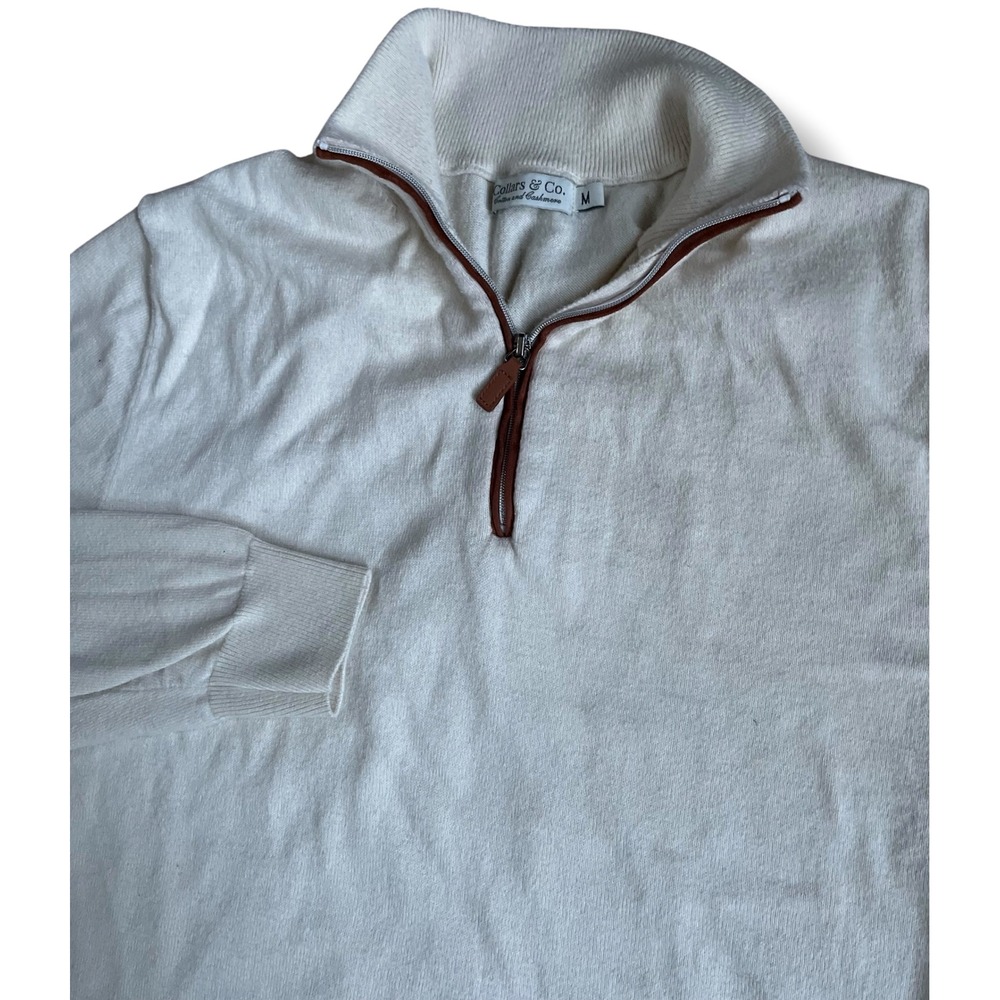 Collars & Co Mens Cotton Cashmere Quarter Zip Sweater White Cream Medium